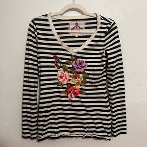 Johnny Was JWLA Striped Floral Embroidered V-Neck Top
